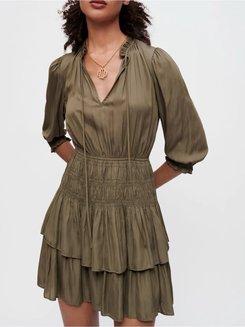 Maje Olive Tiered satin quarter-Sleeve Dress size 38